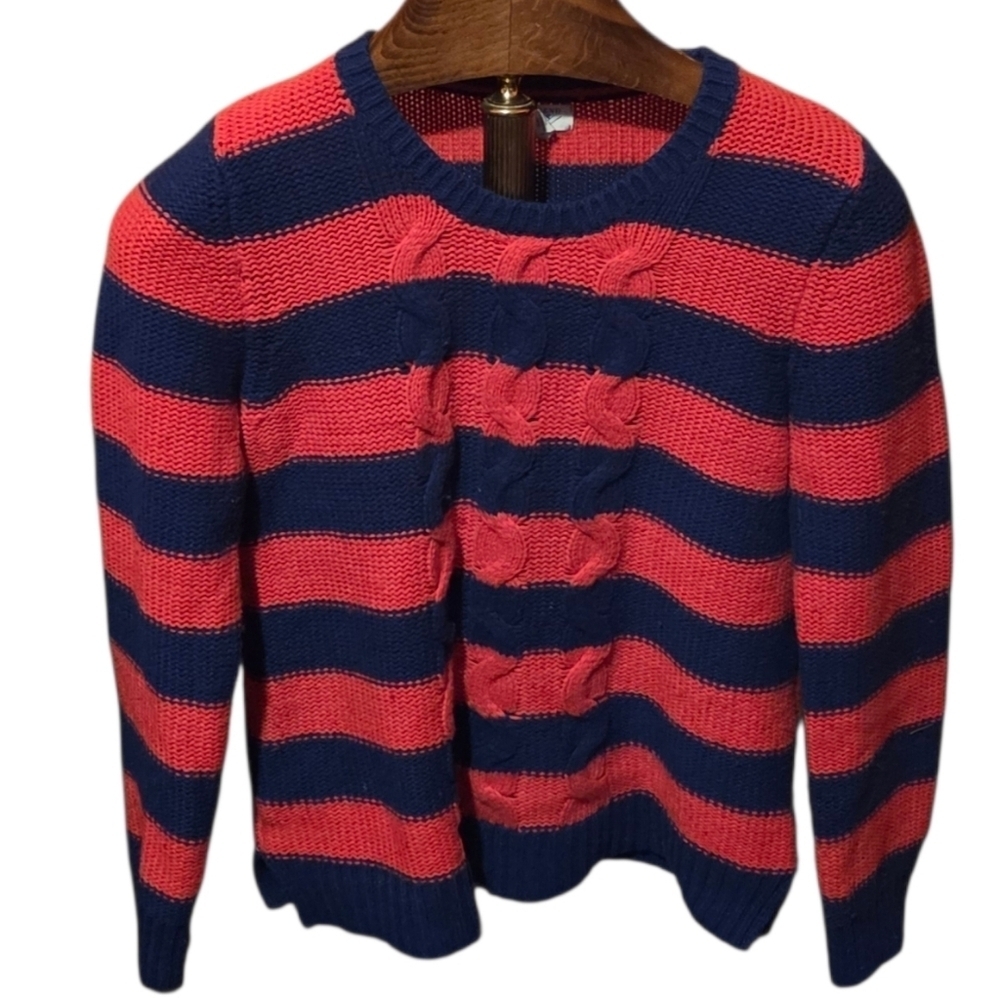Lands End Canvas Womens Navy Blue & Red Striped Cableknit Sweater Size Medium